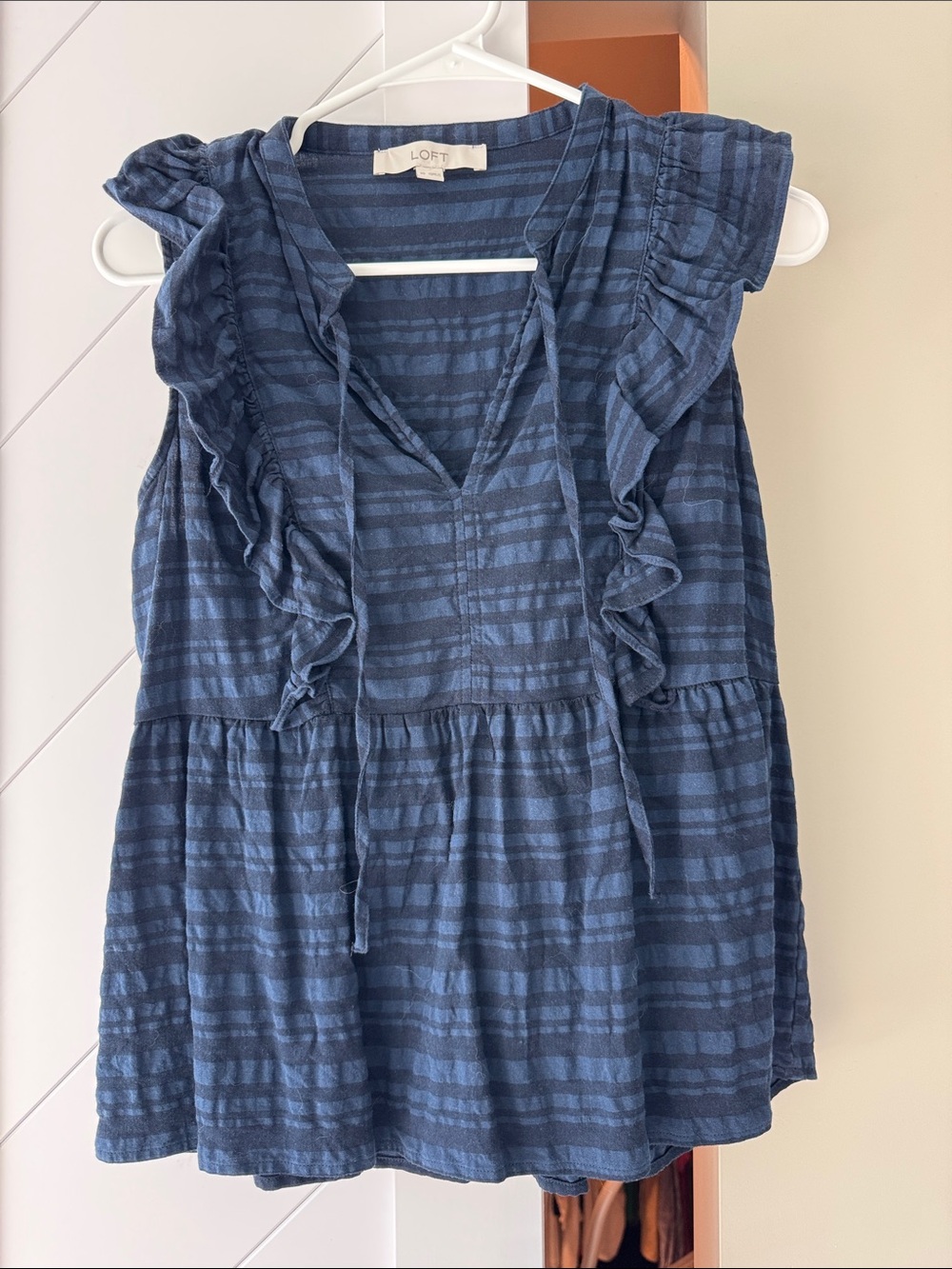 LOFT Navy Blue Striped Ruffle-Trim Sleeveless Tunic